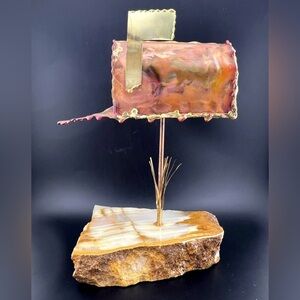 SIGNED Steve Anderson Brutalist Copper Mailbox Metal Sculpture Natural Onyx Base